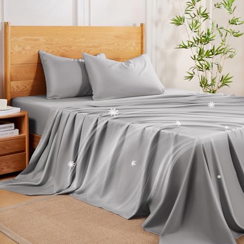 MR&HM Twin Sheets Set, 3-Piece Cooling Sheets, Rayon Derived from Bamboo & Polyester Blend, Soft & Silky, 15" Deep Pockets with Elastic Straps, Hotel Luxury for Hot Sleepers, Silver Grey