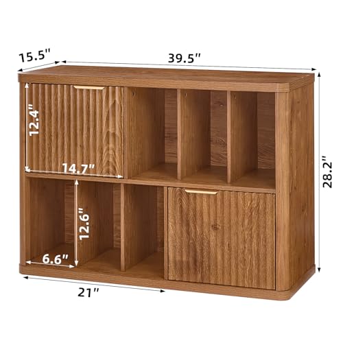 Image of LEYAOYAO Large Record Player Stand with Vinyl Storage Up to 450 Albums, Wood Fluted Boho Record Storage Accent Cabinet, Modern Stereo Media Cabinets, Wide Turntable Stand for Living Room, Tea Brown