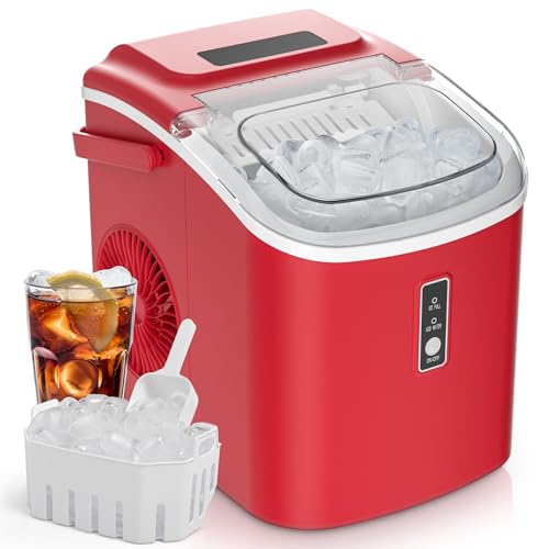 EUHOMY Countertop Ice Maker Machine with Handle 26.5lbs Per Day 9 Cubes in 6 Mins Auto-Cleaning Portable Ice Maker with Basket and Scoop for Home/Kitchen/Camping/RV (Red)