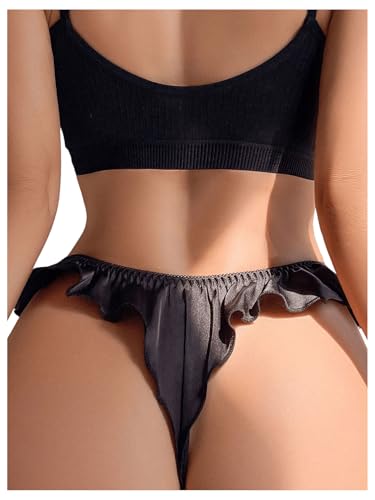 OYOANGLE Women's Silk Stain Ruffle Trim Thong Panties Low Rise No Show Underwear2