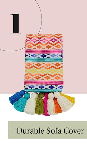 Image of WWW.THROWPILLOW.IN Rainbow Aztech Tassel Sofa Cover:Stylish Couch Slipcover Corner Sofa Cover,Desginer Premium Sofa Covers: Fits 2+2 Seater+Corner Sofa -Set of 5 Covers- 3 Seat & 2 Back Cover