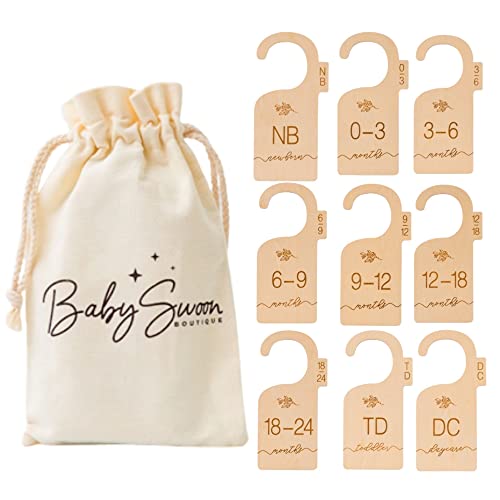 Image of Beautiful Wooden Baby Closet Dividers for Clothes - Double-Sided Organizer from Newborn to 24 Months - Adorable Nursery Decor Hanger Dividers Easily Organize your Little Baby Girls or Boys Room