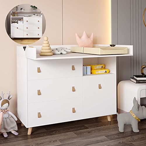 Image of Lovinouse Baby Changing Table Dresser, 45" Premium Large Nursery Dresser with 4 Drawers & 1 Shelf, Diaper Changing Station Table for Boys and Girls, White