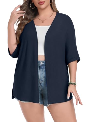 Image of Lastshe Womens Plus Size Cardigan Short Sleeve Lightweight Loose Cover Ups Open Front Sweaters Summer Cardigan