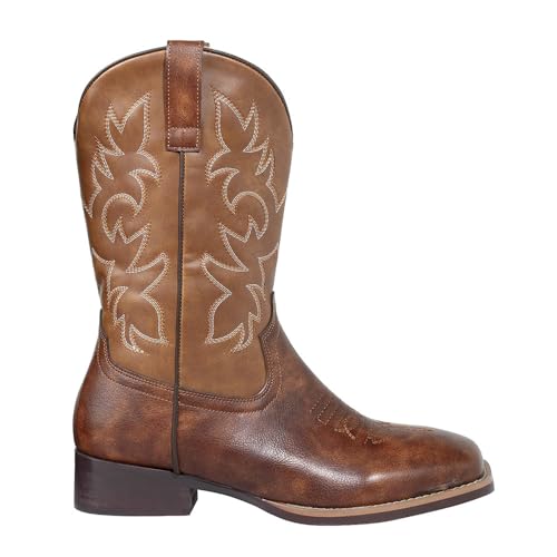 J's.o.l.e Western Mens Cowboy Boots Square Toe Wide Calf Pull On Slip Resistant Country Work Riding PU Leather Boot Brown4