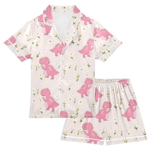 ALAZA Blossom Leaf Dinosaur Pajamas Satin Pajama Set Short Sleeve Button Down Sleepwear