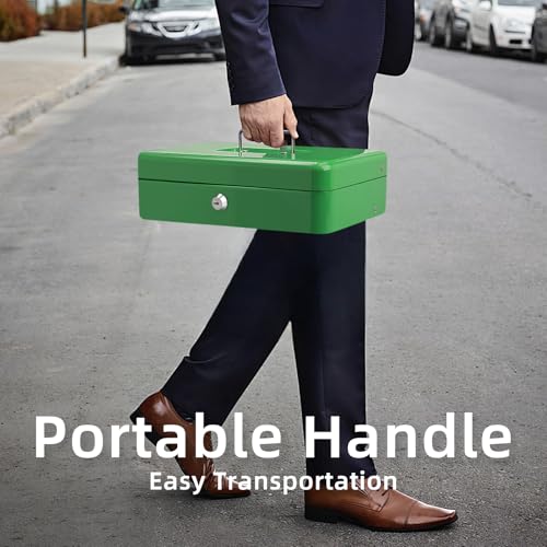 Image of Cash Box with Lock Key and Money Tray - Large Money Box for Cash Register, Metal Lock Box for Money Safe 11.8 inch x 9.4 inch x 3.54 inch Green