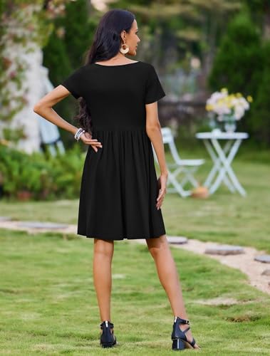 Image of Zeagoo Womens Casual Dress Floral Patchwork Summer Dress Square Neck Short Sleeve A Line Flowy Swing Mini Dress with Pockets