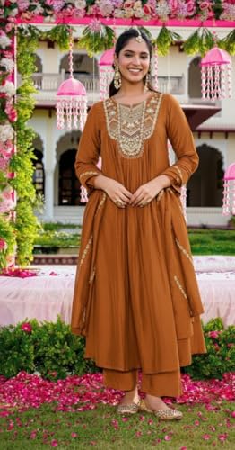 Image of Nermosa Women Embroidery Solid Anarkali Kurta and Pant Set with Dupatta