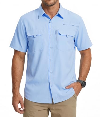 QUELDRA Chemise Homme Manches Courtes UPF 50+ Protection UV Séchage Rapide Légère Respirante Chemise Outdoor pour Randonnée Pêche Voyage Safari Travail...