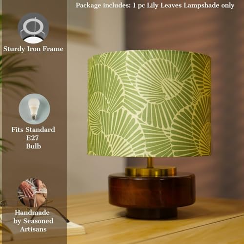 Image of Dreamy Walls 10.5'' Drum Lamp Shade for Bedroom, Living Room | Handcrafted Printed Faux Silk Replacement Lampshade Only | Easy Assembly, 10.5x8.5 Inches, Lily Leaves Shade(Pack of 2)