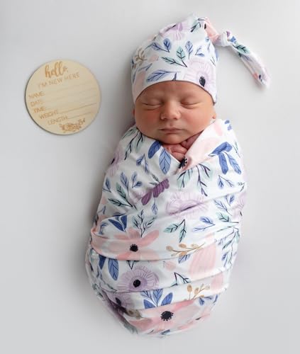 Image of Newborn Baby Girl Receiving Blanket Swaddle Blanket Stretchy Knit Swaddle Set with Matching Headband Beanie with a Name Card (Pink and Purple Floral)