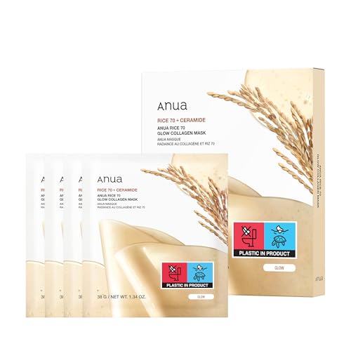 Anua Rice 70 Glow Collagen Mask, Overnight Routine for Glass Skin, 4EA