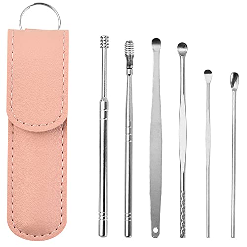 WAOYPGZ 6PCS Innovative Spring Ear Wax Cleaner Tool Set,Ear Curette Ear Wax Remover Toolï¼ŒSpring Ear Spoon Cleaning Ear Tool Ear Curette Ear Remover Tool with Storage Box (Pink)