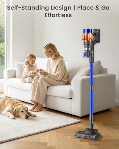 Image of Cordless Stick Vacuum Cleaner, 650W 55KPA Up to 70Min Runtime, Green Light Anti-Tangle Brush, 7-Stage HEPA Filtration, Lightweight for Pet Hair Carpet Hard Floors (Blue)
