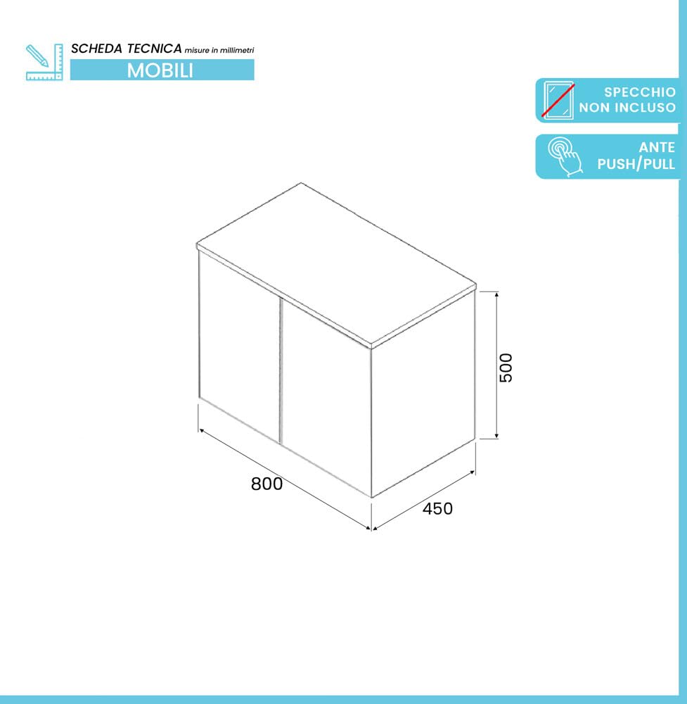 Mobile bagno sospeso 80 cm Blu con top per lavabo e 2 ante push-pull Tierra