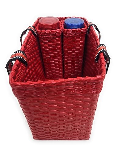 Image of Paperus, Red, Large, Lunch Bag with 2 Water Bottle Holders, Tiffin Basket, Picnic Basket, Travel Bag, Eco-Friendly, Handmade, of Paper Ropes, Length 14 inch, Height 11 inch & 7 Inch Broad Base
