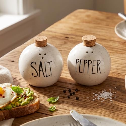 Image of Premium Ceramic Kitchen Storage Set with Wooden Lids - Tea, Coffee & Sugar Jars with Salt & Pepper Shakers | Airtight Containers Combo (Set of 5) (Salt and Pepper)
