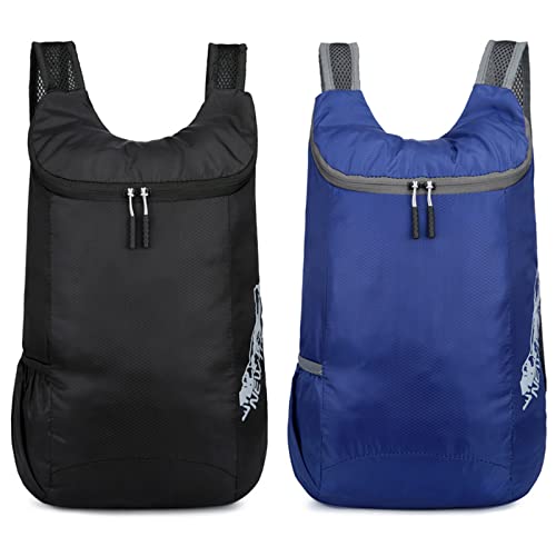 kingsea Lot de 2 sacs à dos pliables ultra légers 26 x 38 x 12 cm étanche grande capacité avec cordon de serrage portable pour voyage en plein air, noir/bleu Cover