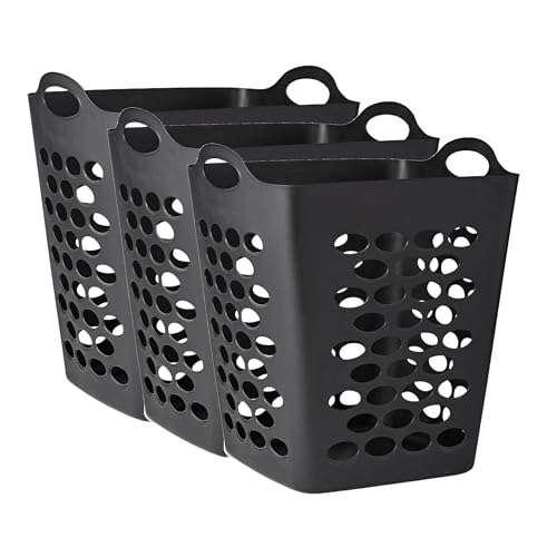 3-Pack Flexible Square Black Laundry Hamper with Sturdy Handles & Ventilation Holes, 2 Bushel Capacity (70L), Space-Saving, Plastic Laundry Basket for Home, Apartment, Laundry room, Dorm