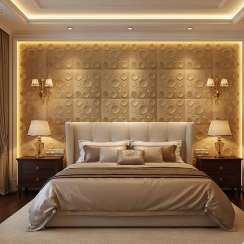 Image of Kayra Decor 3D PVC Wall Panels - Circle Embossed Design, Gold Color, 19.7 inch x 19.7 inch (Pack of 12) | Covers 32.28 Sq. Ft. |