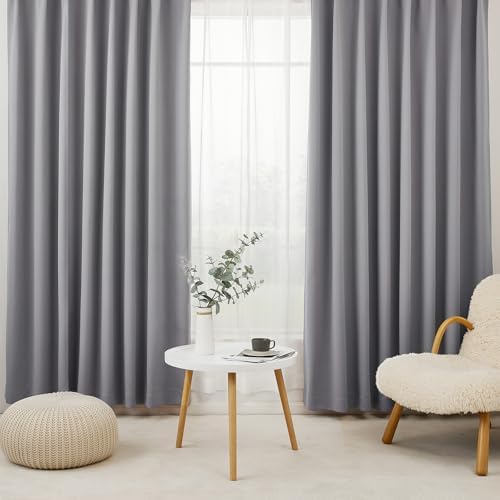 （17:00時点） Hansleep カーテン 遮光カーテン 4枚セット 1級遮光 ライトグレー 幅100cm丈170cm 断熱 防寒 防音 省エネ 無地 洗える 寝室 リビング用 (ドレープカーテン2枚・レースカーテン2枚)