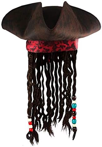Deluxe Pirate Hat with Dreadlocks Hair Braids Eye Patch Earring Handheld Pirate Hook Set - Buccaneer Tricorn Pirate Hat - Caribbean Pirate Hat - Pirate Costume Accessories Set, Adjustable Size Brown