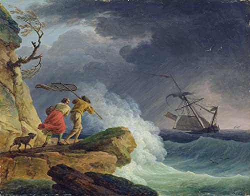 Pintura mural de escena costera en una tormenta para decorar el dormitorio con arte vintage