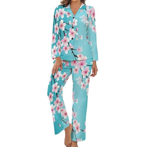 Pyjama femme manches longues fluide au motif aquarelle fleurs de cerisier chic
