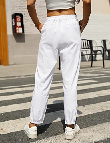 Tanming Linen Pants For Women Summer Casual High Waisted Drawstring White Beach Pant (White, M) #TOP4