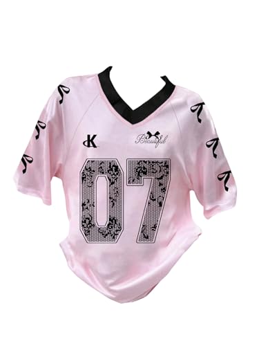 Image of Girl's Jersey Y2K Oversized Graphic Number Print Tops V Neck Short Sleeve T Shirt Hip Pop Tee Streetwear