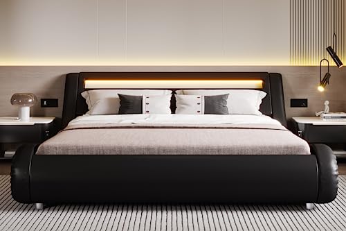 Image of SHA CERLIN King Size Bed Frame with Modern Upholstered LED Headboard, Black | Low Profile Sleigh Design, Adjustable Headboard, PU leather, Strong Wood Slats Support, No Box Spring Needed, Easy Assembly