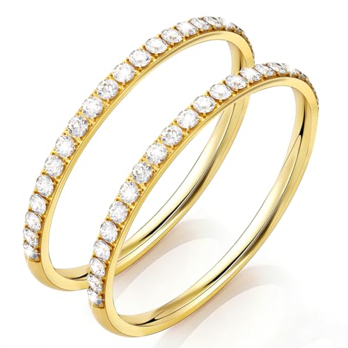 Snyeest 2-Pack Gold Plated Stacking Rings for Oura Ring 5/Ring 4/Ring 4 Ceramic/Gen 3 Non Tarnish Matte Finish Sandblast Ring with 14K Zirconia Simulated Diamond Ring Stack for Women-Size 11