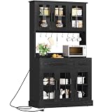 YITAHOME Kitchen Pantry Storage Cabinet with Glass Door Display Hutch and Charge Station