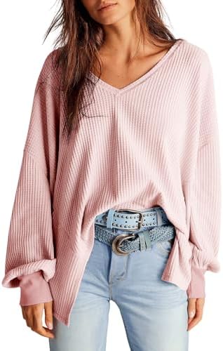 Dokotoo Womens Waffle Knit Tops 2024 Fashion Long Lantern Sleeve Casual Blouses V Neck Oversized T Shirts