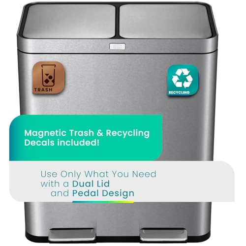 Image of Home Zone Living 16 Gallon Kitchen Trash Can with Dual Compartments for Recycling and CleanAura for Odor Control, Stainless Steel, 60 Liters Total