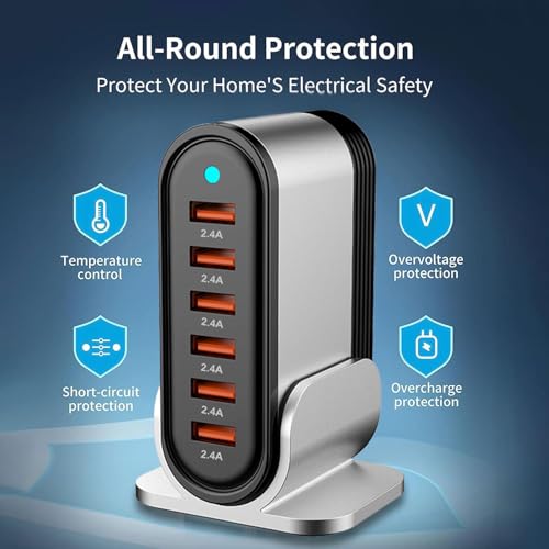 USB Charger Station USB Wall Charger with Rapid Charging Auto Detect Technology Safety Guaranteed 6-Port Family-Sized Smart USB Ports for Multiple Devices Smart Phone Tablet Laptop Computer - Thumbnail 5
