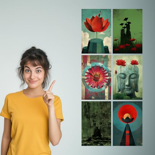 Image of SiddArtify Red - Green Lotus Flower Art Print Set - Sticker - 12x18 Inch - Pack of 6 Wall Room Decoration art Poster Prints