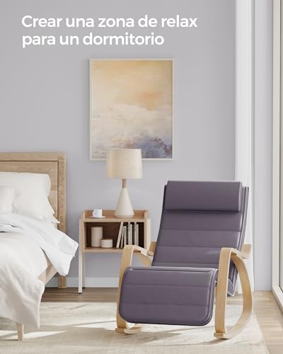 SONGMICS Silla Mecedora, con Apoyabrazos de Madera de Abedul, Silla Mecedora con Reposapiés Ajustable en 5 Posiciones, Máx. Carga de 150 kg, Dormitorio, Salón, Gris Claro y Natural LYY010G01 - imagen 4