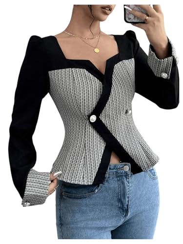 GORGLITTER Women's Color Block Double Breasted Blazer Puff Sleeve Wrap Notch Neck Cardigan