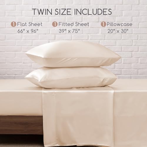 Image of MR&HM Satin Bed Sheets, Twin Size Sheets Set, 3 Pcs Silky Bedding Set with 15 Inches Deep Pocket for Mattress (Twin, Beige)