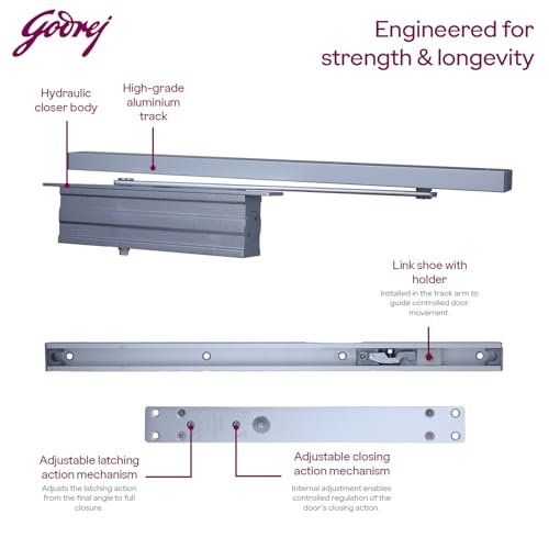 Image of Godrej Door Closer | Concealed Door Closer | Adjustable Power Size 4 | Door Weight Capacity: Upto 85kg | Max Door Width: 1100mm | Hidden Hydraulic in-Door Door Closer | Aluminium Body | 3 Yr Warranty