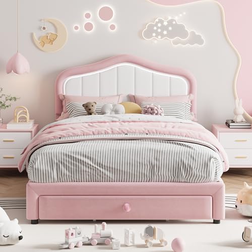 GarveeHome Full Upholstered Bed Frame with Storage Drawer and Smart Led Headboard, Twin Size Platform Bed Frames for Kids, Wooden Slats Support, No Box Spring Needed, Easy Assembly, Pink White