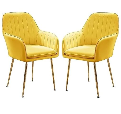 Image of Set of 2 Velvet Dining Chairs, Cushion Seat Chair for Living Room Bedroom Restaurant, Modern Contemporary Upholstered with Polished Rosegold Metal Legs (Yellow)