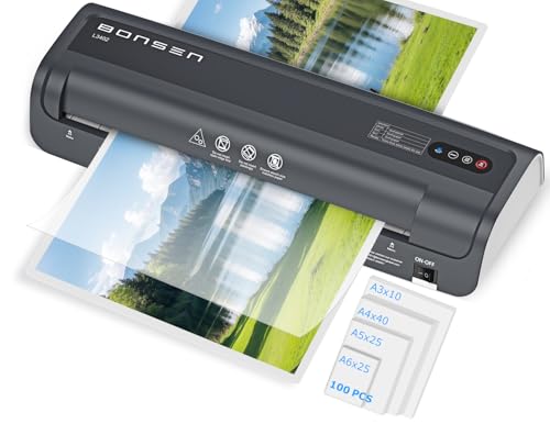 BONSEN Plastificadora A3 con Tecnología Anti-Atasco, 100 Fundas, Control de Temperatura NTC Preciso, Plastificación Rápida para Hogar, Oficina y Escuela, L3402