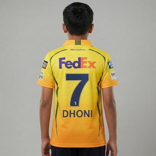 Image of playR x Chennai Super Kings Original Fan Jersey IPL 2026 - Kid's Dhoni 7 Half Sleeve CSK Cricket T-Shirt, Regular Fit Sportswear Tee for Training, Outdoor & Match Day Activewear for All Season