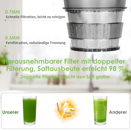 Entsafter Slow Juicer 500W, Saftpresse Elektrisch mit Umkehrfunktion, Entsafter Gemüse und Obst Testsieger 100% BPA Frei, 82MM Öffnung und 1,2L Juicer Machine, Spülmaschinenfest – Bild 5
