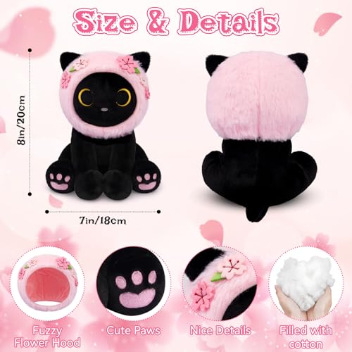 Image of Black Cat Plush with Removable Sakura Flower Hood - 8 inch Cute Stuffed Animal for Spring, Soft Kawaii Cat Plushie, Flower & Cherry Blossom Gift for Girls & Moms
