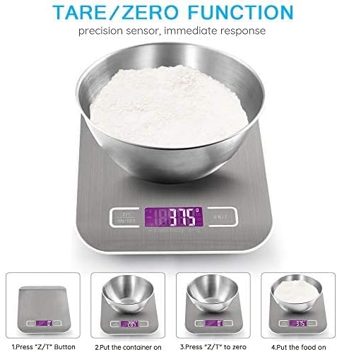 Rechargeable Food Scale, Upgraded USB Kitchen Scale with Back-Lit LCD, Stainless Steel,11lbs/5KG,0.04oz/1g Division, 2AAA Batteries included (Silver)