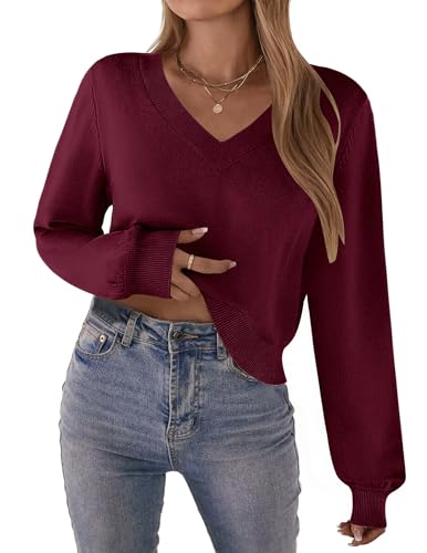 Zeagoo Womens Cropped V-Neck Sweater Lantern...
